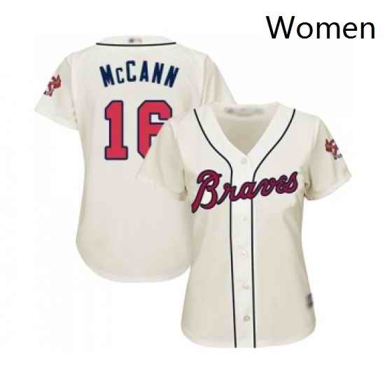 Womens Atlanta Braves 16 Brian McCann Replica Cream Alternate 2 Cool Base Baseball Jersey
